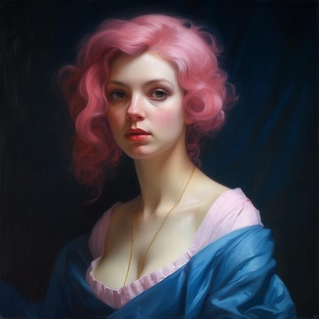 Una pintura de una mujer con cabello rosa y un vestido azul con cabello rosado