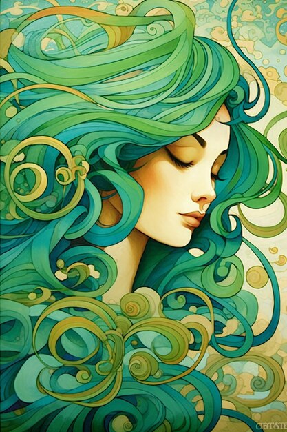 Una pintura de una mujer con cabello verde y rizos.