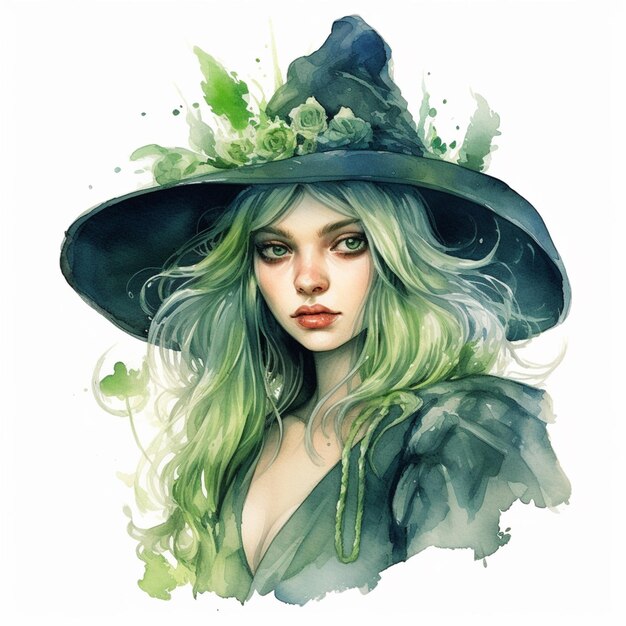 pintura de una mujer con cabello verde con un sombrero negro generativo ai