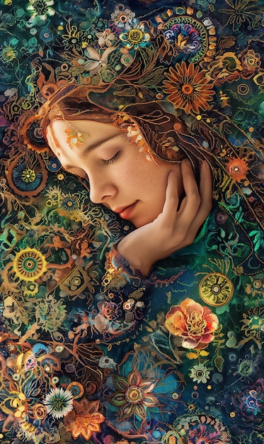 una pintura de una mujer con una cabeza cubierta con flores y una imagen de una mujer Con una cabeza