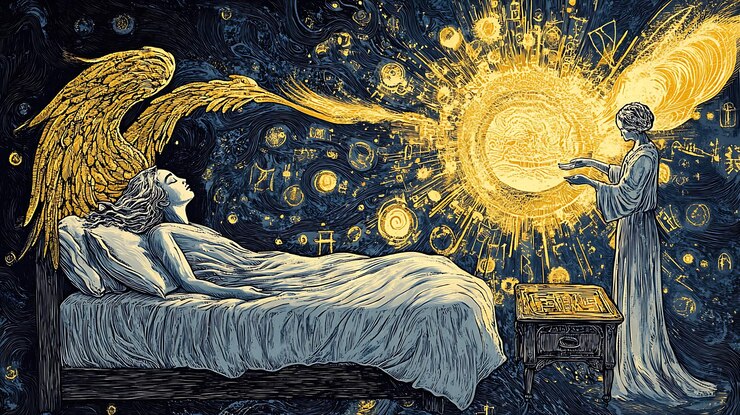 pintura de una mujer en una cama con un ángel y un sol