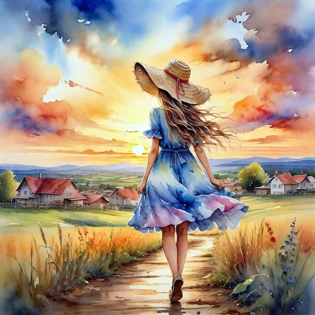 Foto una pintura de una mujer caminando en un campo con el sol detrás de ella