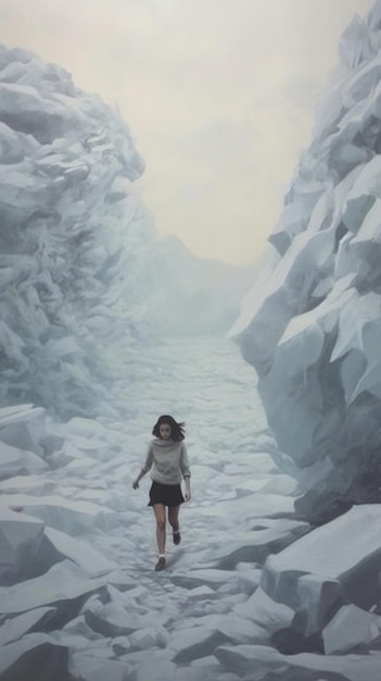 Una pintura de una mujer caminando por el hielo.