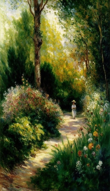 Una pintura de una mujer caminando en un jardín con flores.