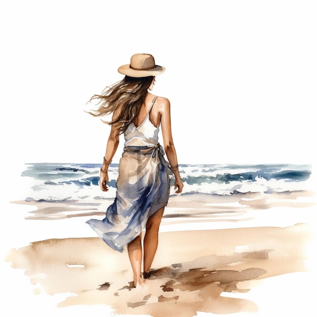 Pintura de una mujer caminando por la playa con un sombrero en ai generativo
