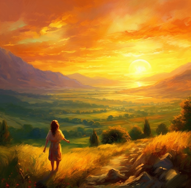 Pintura de una mujer caminando por un sendero hacia un hermoso atardecer generativo ai