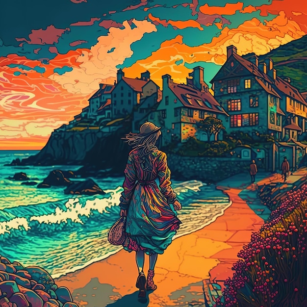 Una pintura de una mujer caminando por un sendero hacia una playa con una puesta de sol de fondo.