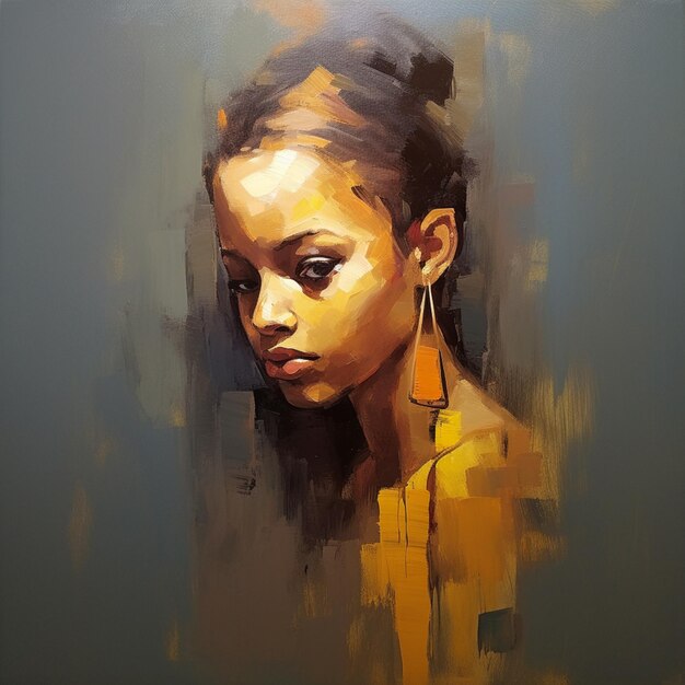 pintura de una mujer con una camiseta amarilla y pendientes generativo ai