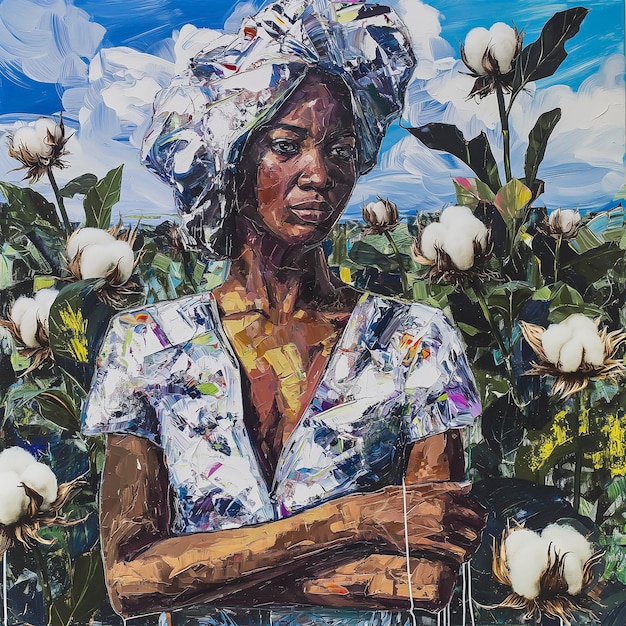 Pintura de una mujer en un campo de algodón con un cielo azul en el fondo
