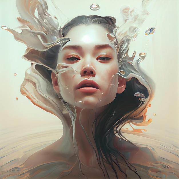 Una pintura de una mujer con una cara en el agua y la palabra "agua" en ella.