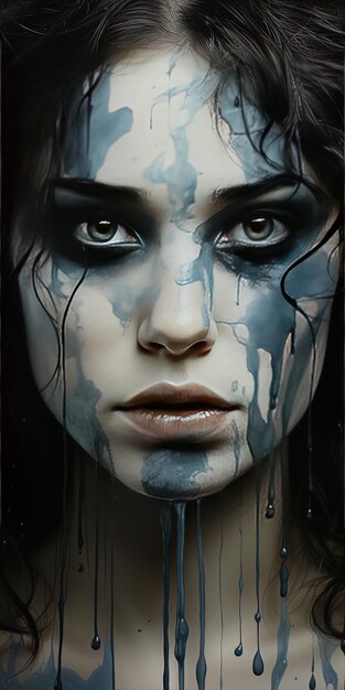 una pintura de una mujer con una cara azul y gris