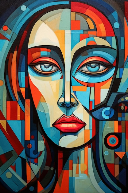 Pintura de mujer con cara azul y labios rojos generativa ai.