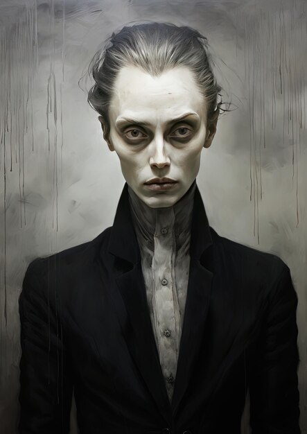 una pintura de una mujer con una cara blanca y una chaqueta negra