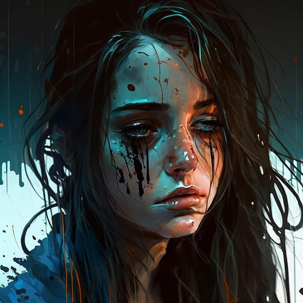 pintura de una mujer con una cara llorosa y cabello largo generativo ai