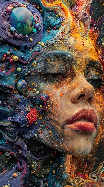 una pintura de una mujer con la cara pintada con los colores de la pintura