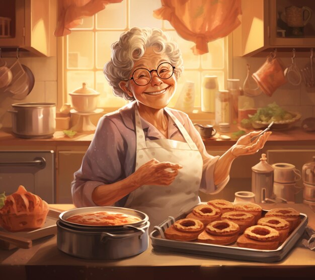 Foto pintura de una mujer en una cocina con una bandeja de rosquillas generativo ai