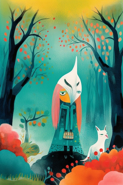 Una pintura de una mujer y un conejo blanco en el bosque.