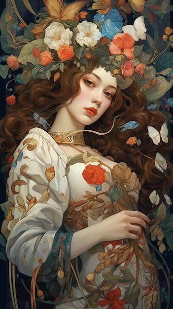 Una pintura de una mujer con una corona de flores en la cabeza generativa ai