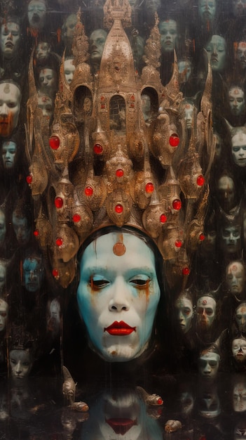 una pintura de una mujer con una corona y sus ojos pintados de rojo