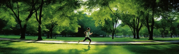 Una pintura de una mujer corriendo en un parque.