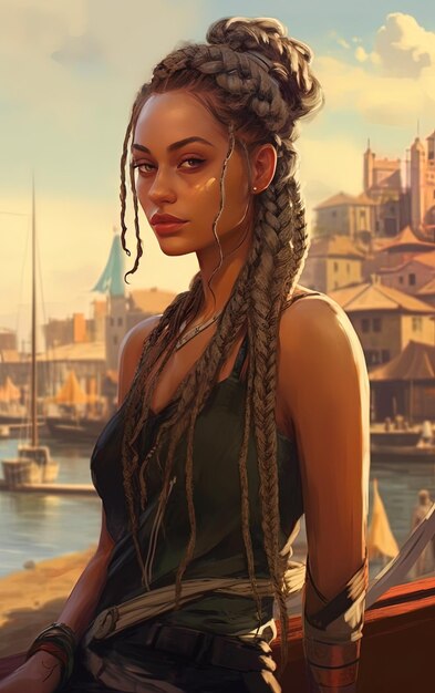 una pintura de una mujer con dreadlocks y un barco en el fondo