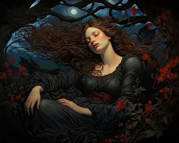 una pintura de una mujer durmiendo en un árbol