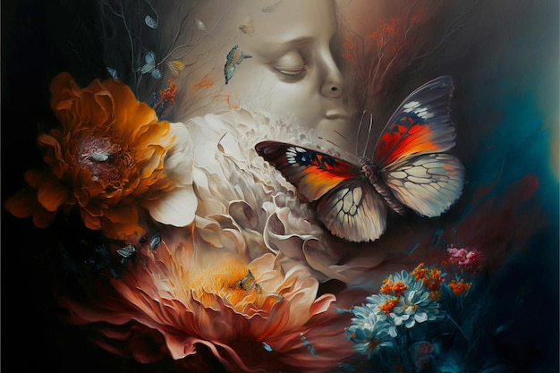 Una pintura de una mujer durmiendo con una mariposa en la cabeza.