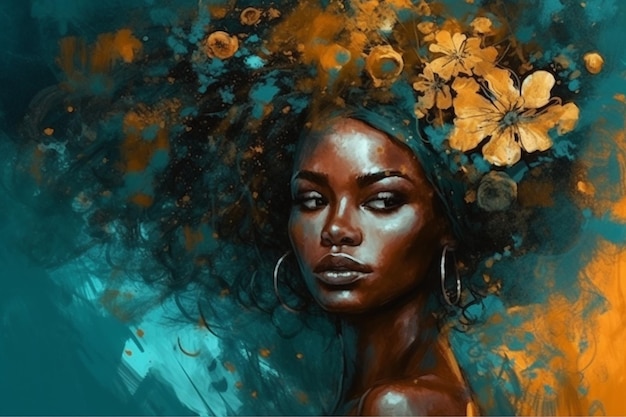 Una pintura de una mujer con una flor en la cabeza.