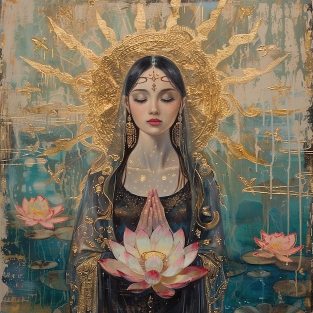 una pintura de una mujer con una flor de loto en la mano