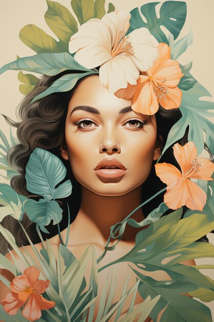 pintura de una mujer con flores en el cabello y hojas generativas ai