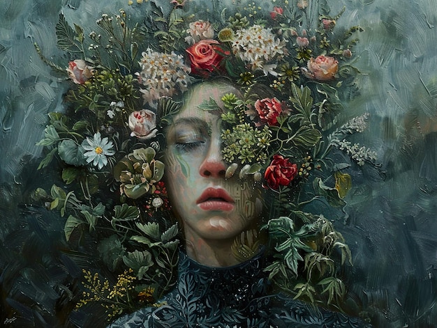 una pintura de una mujer con flores en el cabello y la palabra ella en él