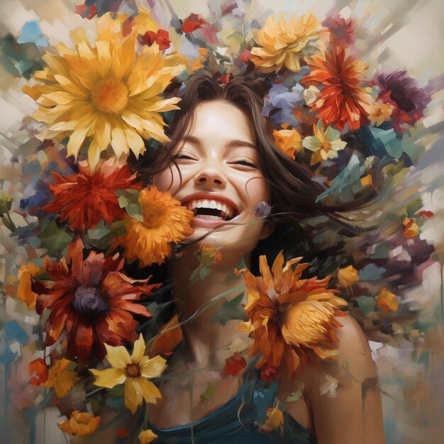 pintura de una mujer con flores en el cabello riendo generativo ai