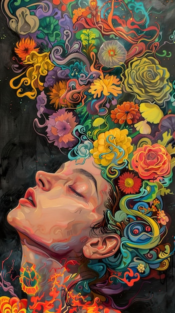 una pintura de una mujer con flores en el cabello
