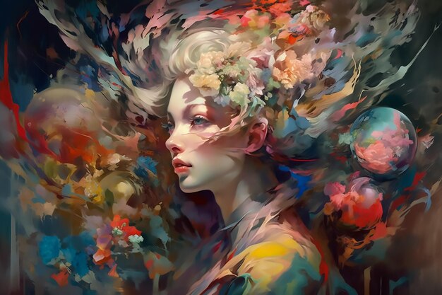 Una pintura de una mujer con flores en la cabeza.