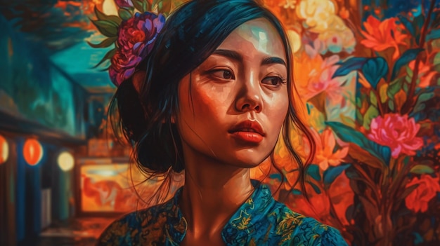 Una pintura de una mujer con flores en la cabeza.