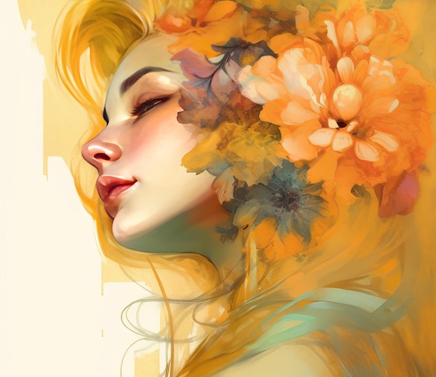 Una pintura de una mujer con flores en la cabeza.