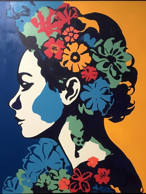 Una pintura de una mujer con flores en la cabeza.