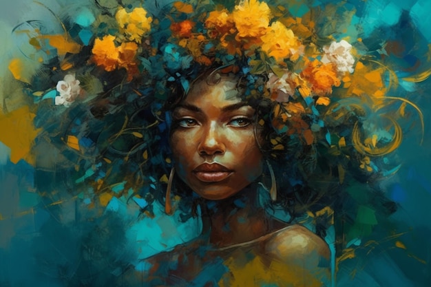 Una pintura de una mujer con flores en la cabeza.