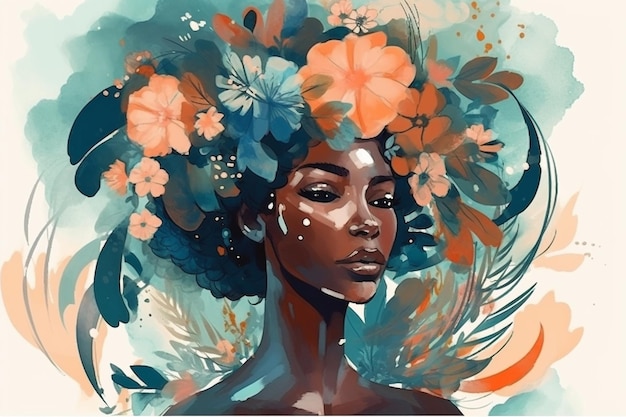 Una pintura de una mujer con flores en la cabeza.