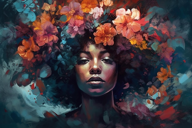 Una pintura de una mujer con flores en la cabeza.