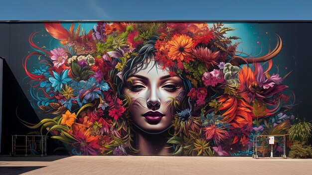 una pintura de una mujer con flores en la cara