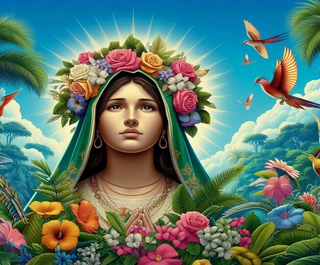 Foto una pintura de una mujer con flores y una cruz en el cielo