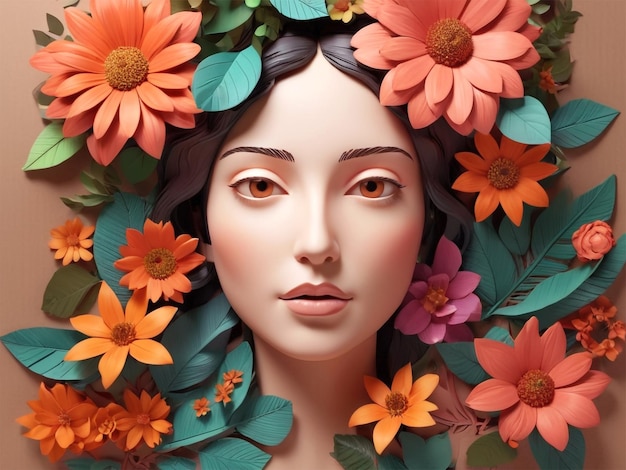 una pintura de una mujer con flores y hojas