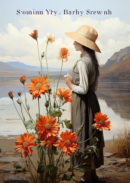 una pintura de una mujer con flores junto a un lago