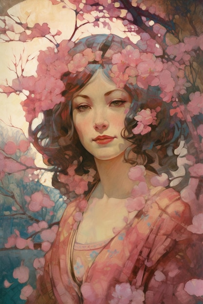 Una pintura de una mujer con flores rosas en la cabeza.