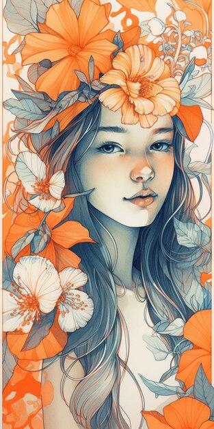 una pintura de una mujer con flores en su cabello generativo ai