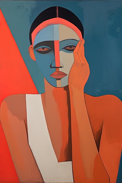 una pintura de una mujer con un fondo azul y rojo