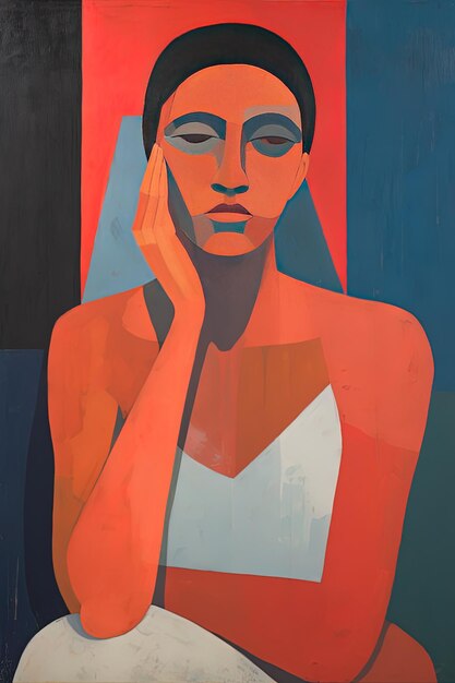 una pintura de una mujer con un fondo rojo y azul