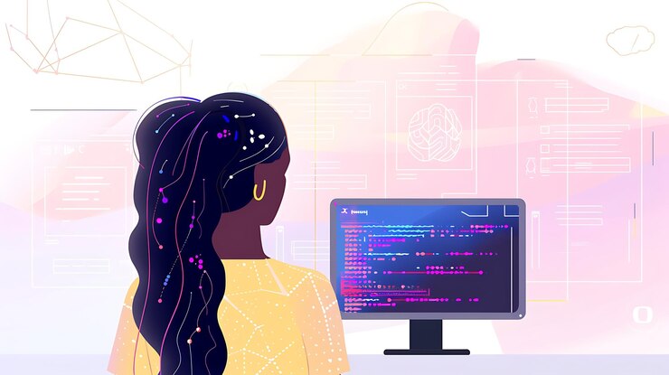 Foto una pintura de una mujer frente a una computadora con las palabras código en él