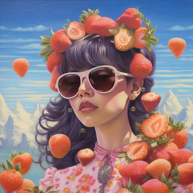 una pintura de una mujer con fresas y una foto de una mujer Con gafas de sol en la cabeza.